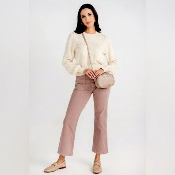 Risen High Rise Wide Leg Jeans Cropped Ankle Square Pockets Stretch Mauve Pink - Picture 8 of 9